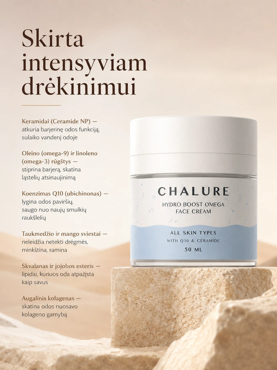 CHALURE intensyviai drėkinantis omega veido kremas su Q10 ir keramidais 50 ml su naudomis ir ingredientais