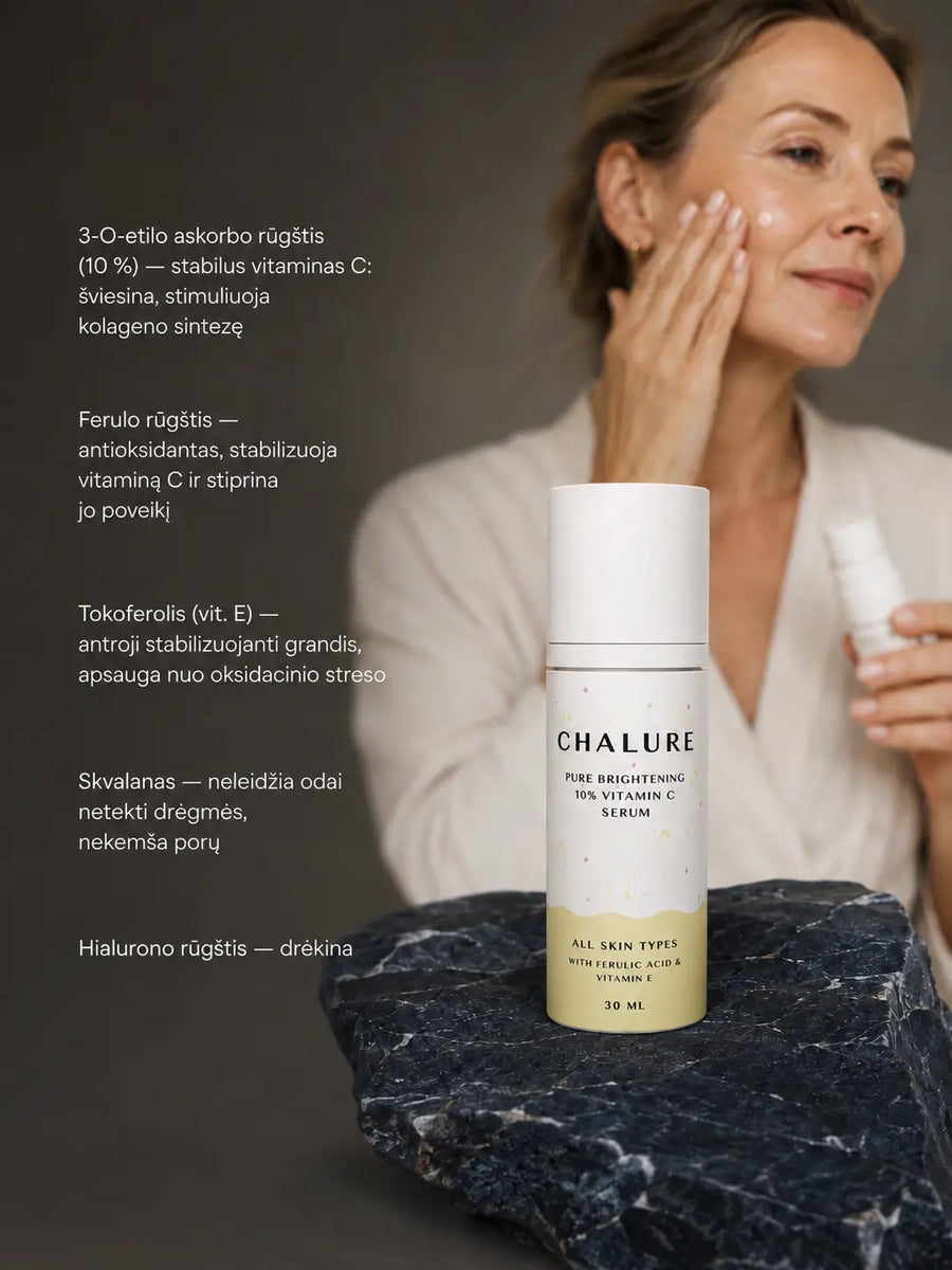 Odą skaistinantis vitamino c serumas su 10% ferulo rugstimi ir vitaminu E bei tokoferoliu